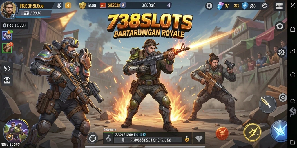 Tampilan screenshot 738SLOTS menampilkan aksi seru dalam pertarungan Battle Royale.