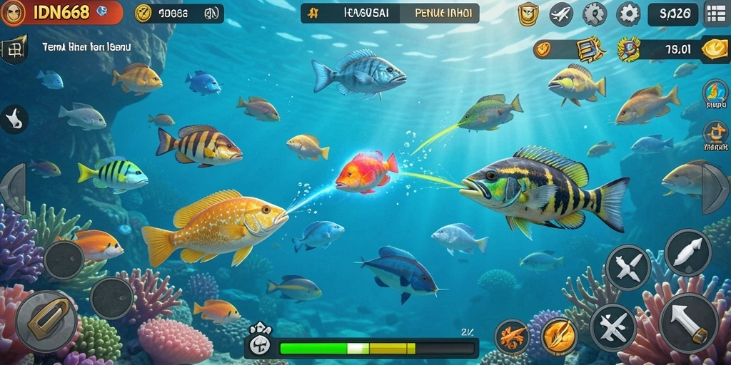 Tampilan gameplay seru dalam IDN668 saat membidik ikan.