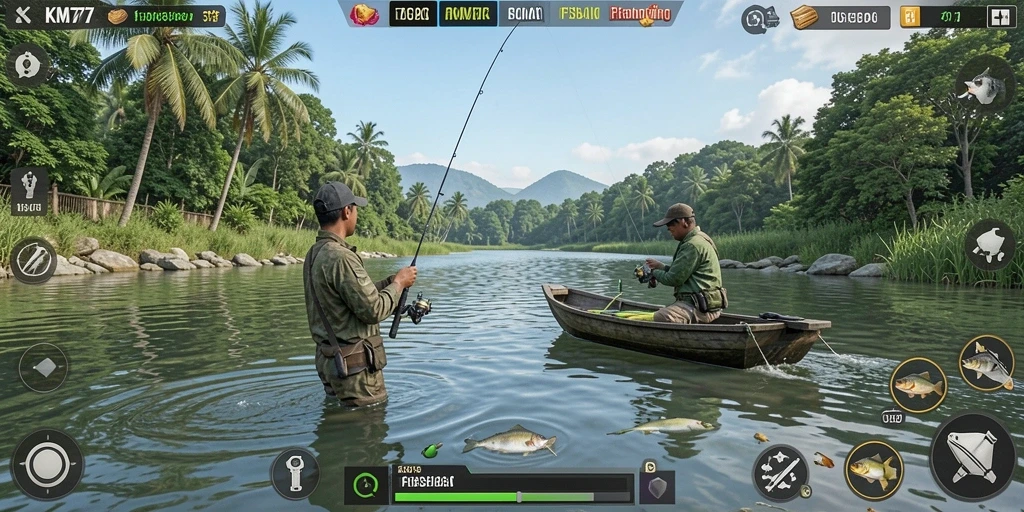 Tampilan gameplay KM777 yang menarik dan penuh warna saat memancing ikan.