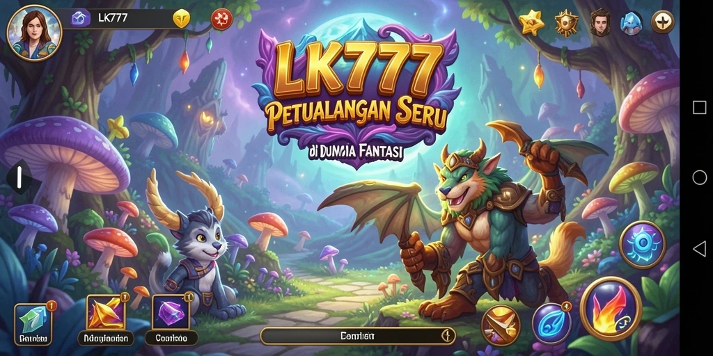Tangkapan layar utama LK777 menampilkan aksi seru dalam petualangan fantasi.
