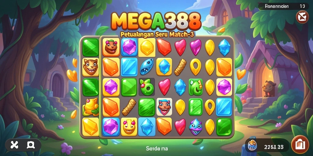 Tampilan seru gameplay MEGA388 dengan permata warna-warni dan tantangan Match-3.