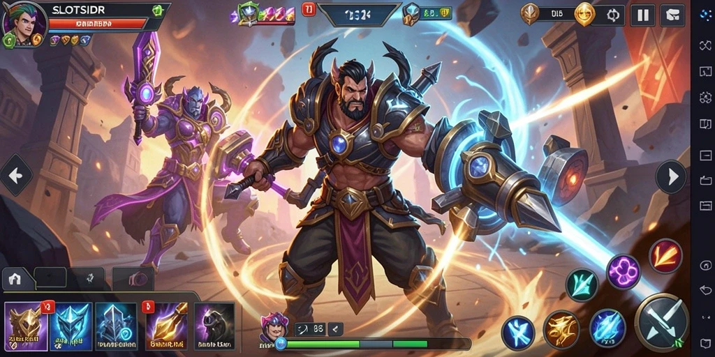 Screenshot utama SLOTSIDR menampilkan pertarungan intens dalam arena MOBA.