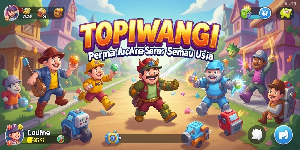 Screenshot utama TOPIWANGI menampilkan gameplay Arcade yang seru dan penuh warna.