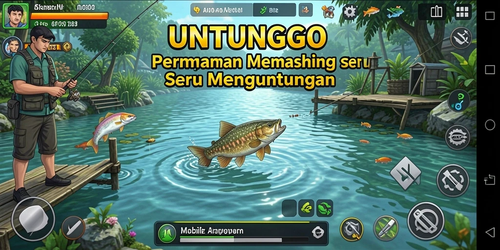 Tampilan gameplay UNTUNGGO yang menampilkan momen memancing yang mendebarkan.