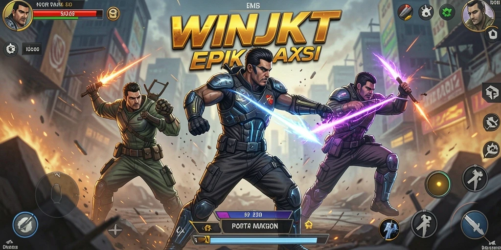 Tangkapan layar WINJKT menampilkan pertarungan seru dengan karakter unik.